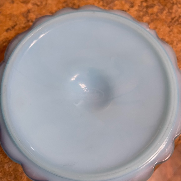 Fenton Water Lily Milk Glass, Blue Satin Custard Pedestal Candy Dish - Picture 8 of 15